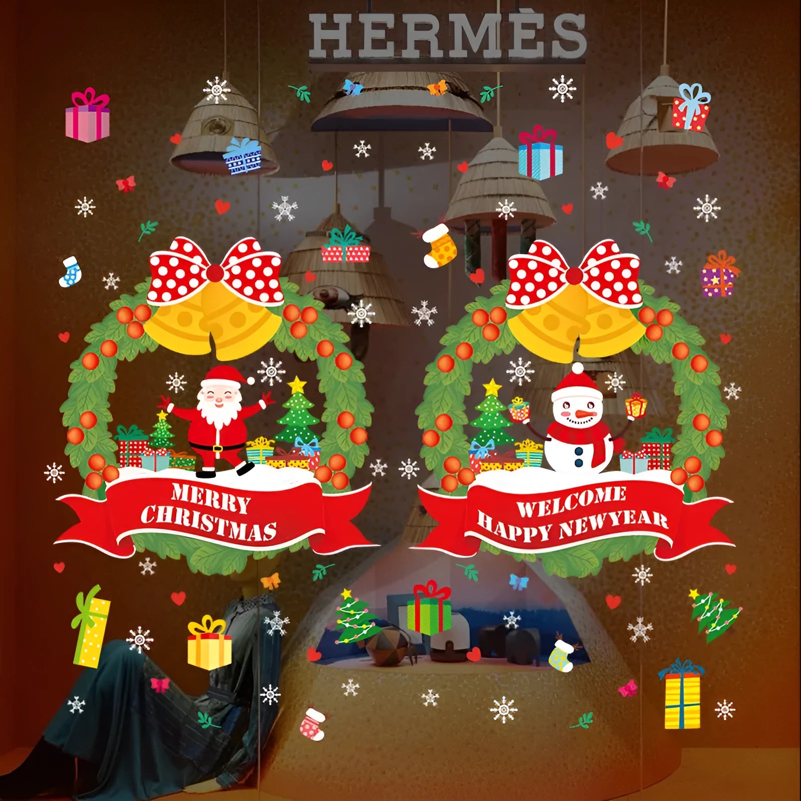 Large non-adhesive electrostatic Christmas wall sticker with cartoon design for window decoration