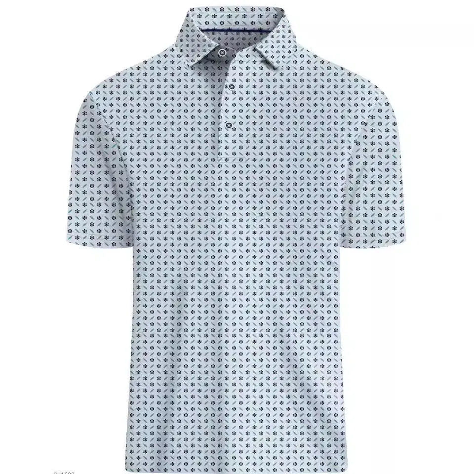 Man wearing a grey short sleeve T-shirt with a retro Japanese pattern and a decorative zipper on the chest.