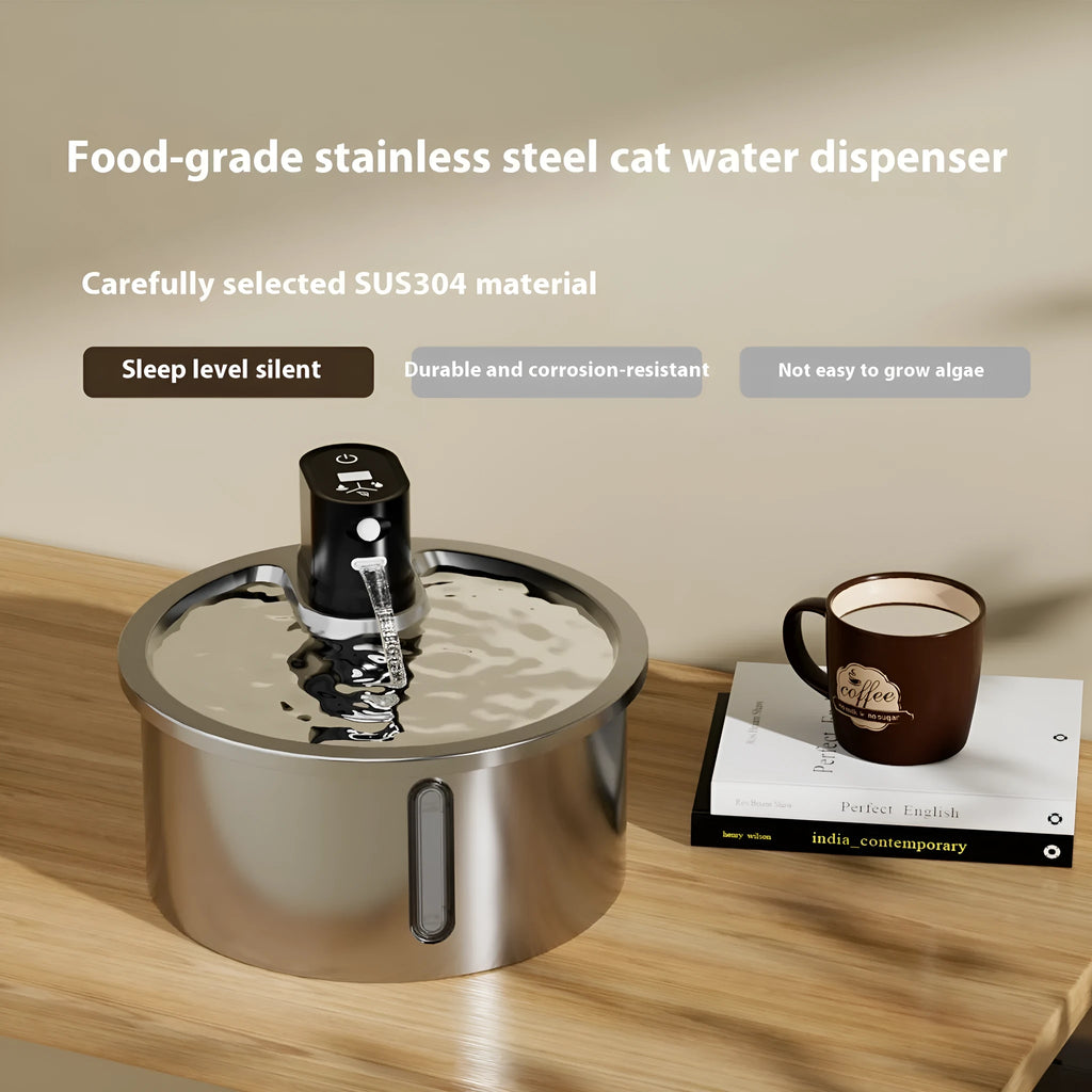 Stainless steel pet water fountain with constant temperature heating base in black colour