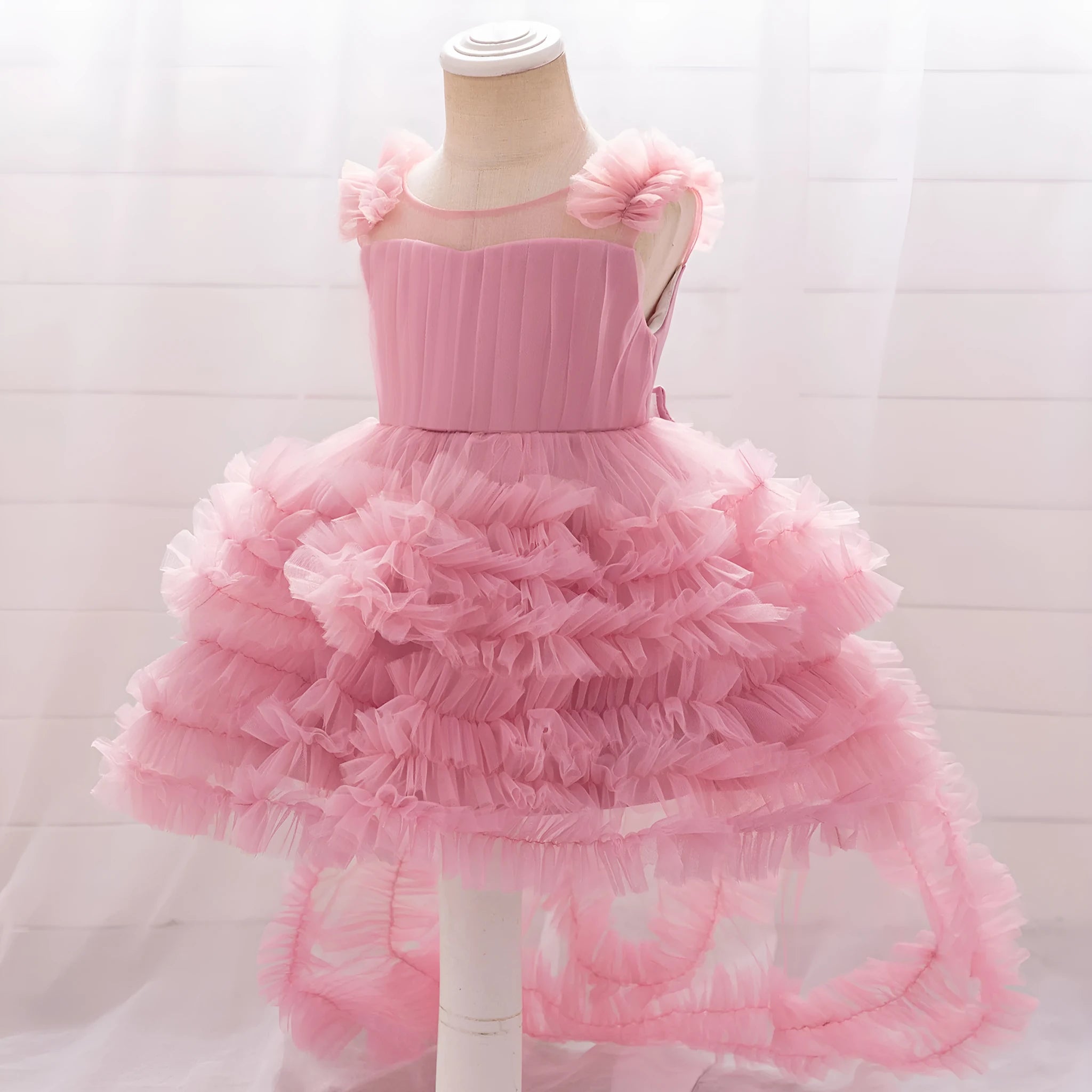 New children's sleeveless mesh long dress in bean pink colour trueran fabric