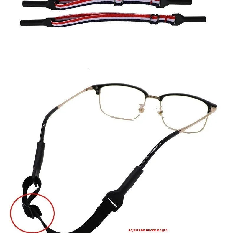 Black adjustable glasses cord with silicone earpieces and fibre rope in adult and children's sizes