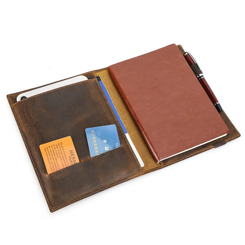 Brown Crazy Horse leather A5 notebook protective sleeve with square pocket design