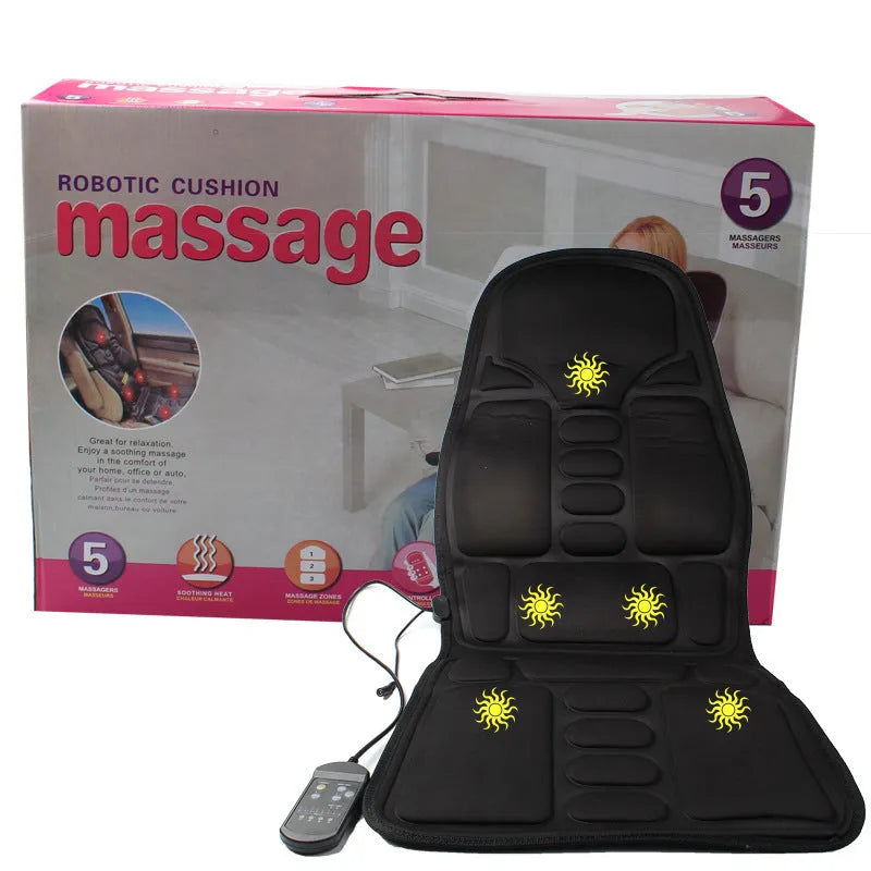 Black heating massage mat with infrared physiotherapy and variable speed control on seat cushion