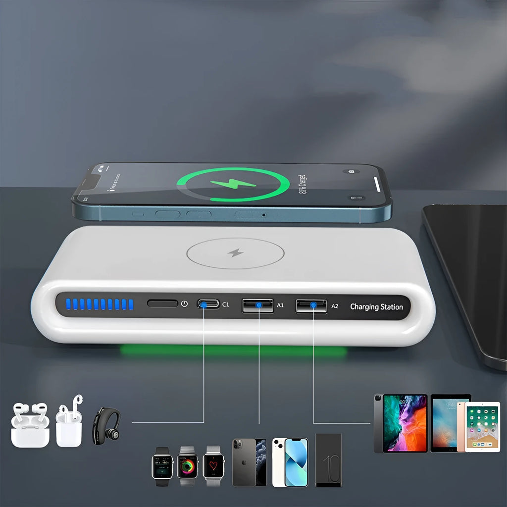 White desktop wireless charger with LED atmosphere lamp showing 15W charging and eight colour modes