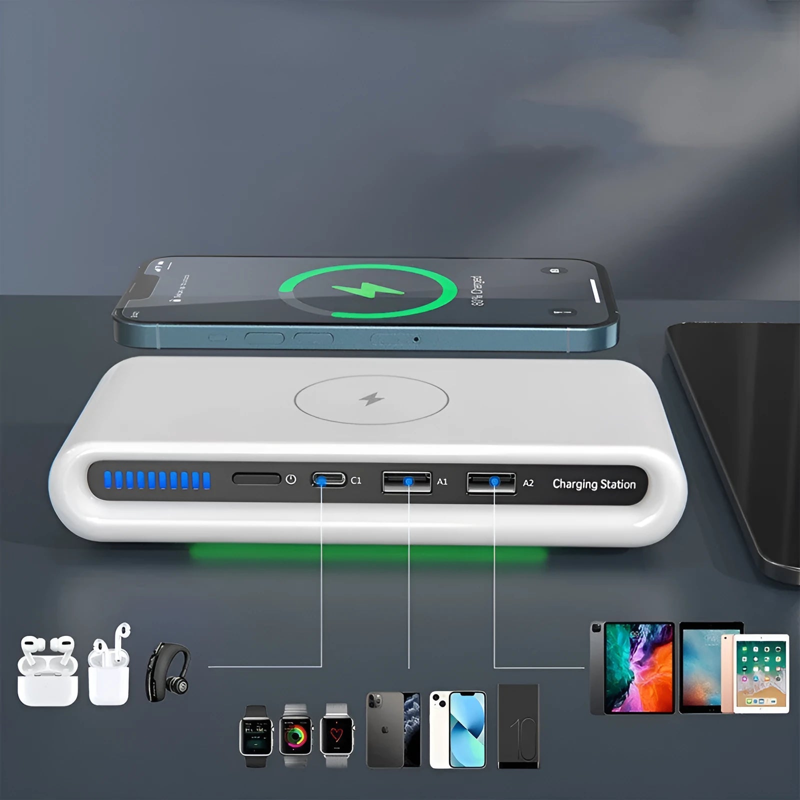 White desktop wireless charger with LED atmosphere lamp showing 15W charging and eight colour modes