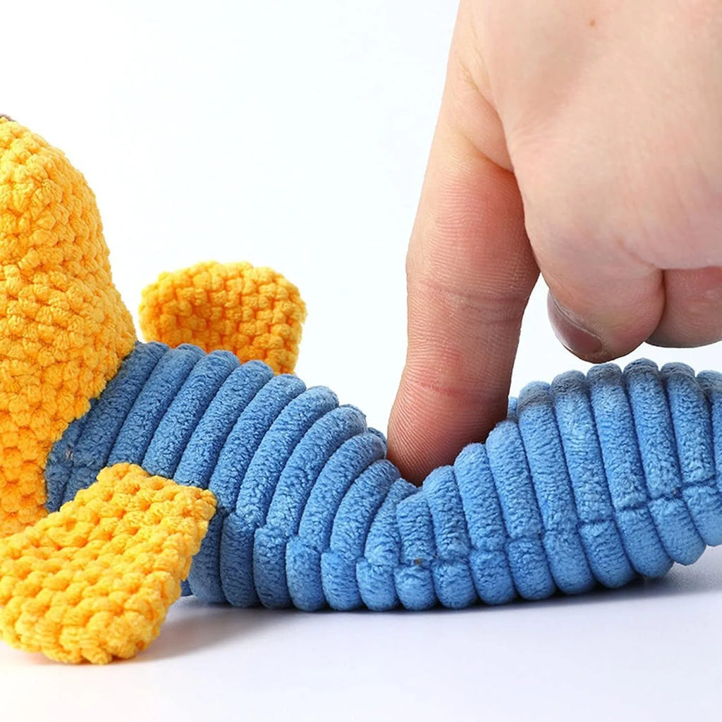 Squeaky stuffed dog chew toy in animal shape for dental cleaning and play