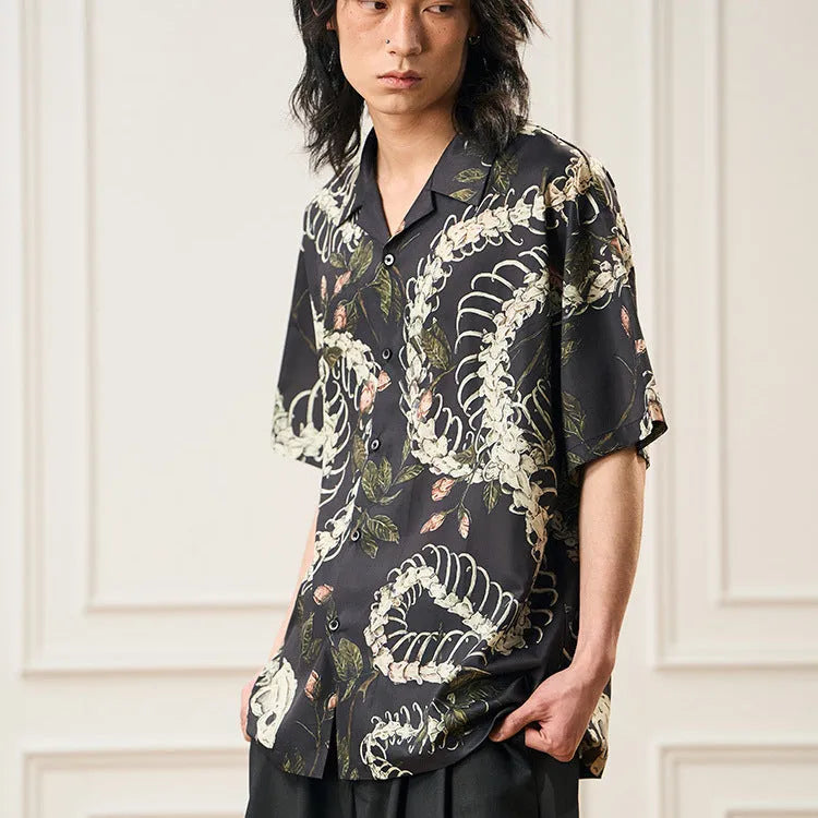 Short sleeve Cuban collar shirt with snake bone flower pattern printed on acetate fabric
