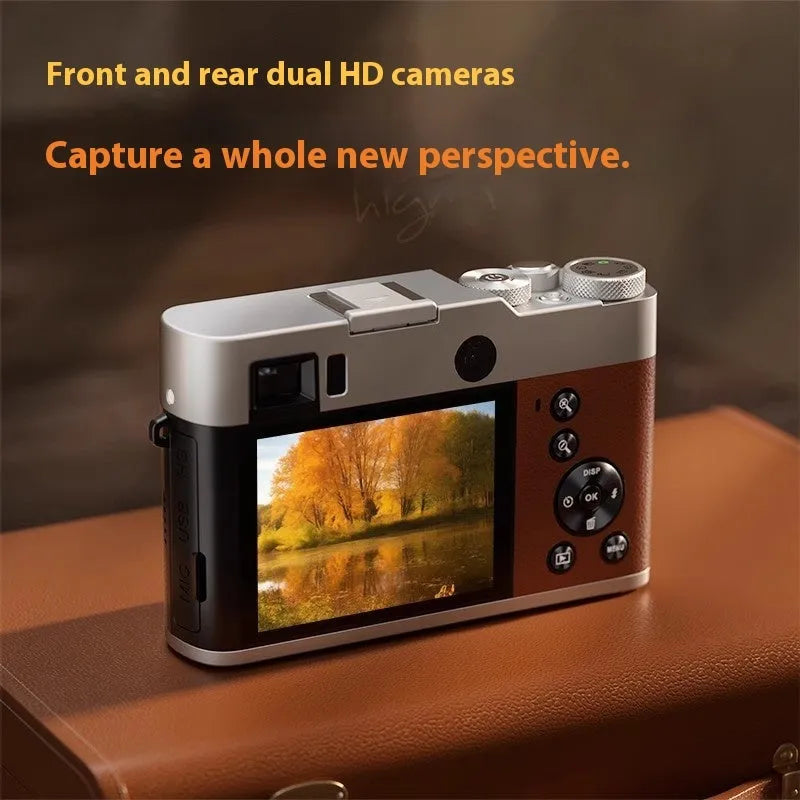 Black 5K HD digital camera with front and rear lenses, optical viewfinder, and a 2.88-inch screen on the back.