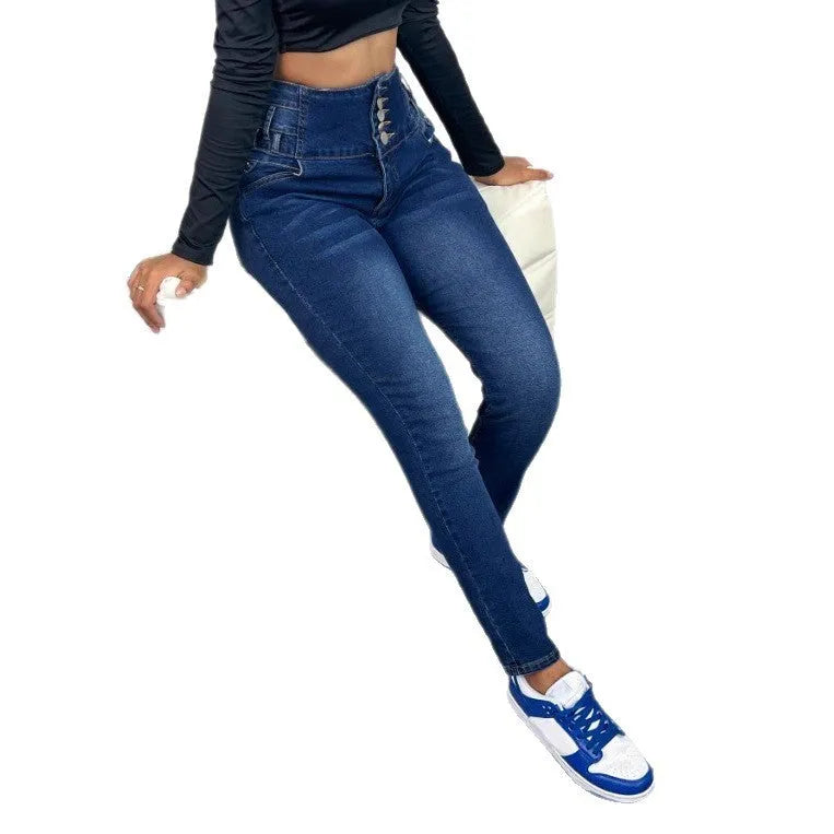 Women's dark blue straight-leg denim trousers with breasted front panel and street hipster styling