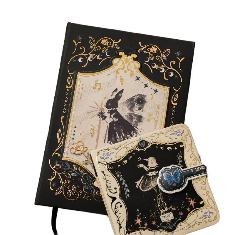 A5 retro Gothic art notebook with thematic cover, shown next to pen for scale