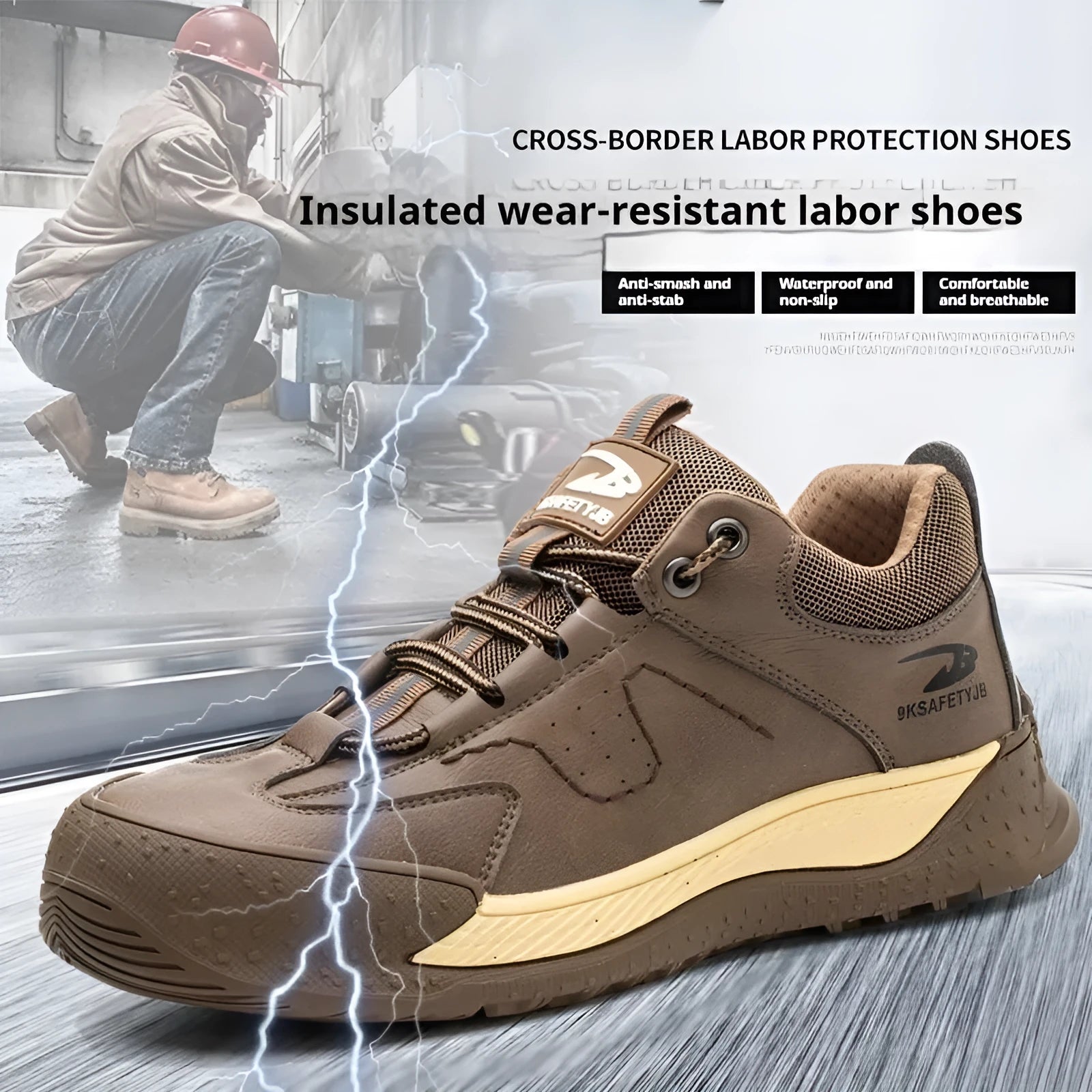 Flyknit leather safety work shoes with rubber soles in black, khaki, grey and insulated brown colour options