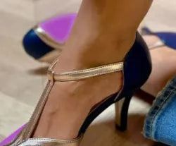 Women's round toe high heel shoe with button fastening in light blue pink, blue rose red, and wine red black colour options.