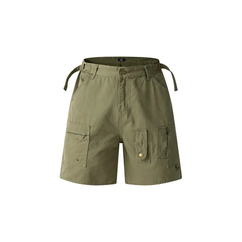 Retro loose-fit washed cotton shorts in grey, shown with a zipper and half elastic band.