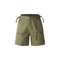 Retro loose-fit washed cotton shorts in grey, shown with a zipper and half elastic band.
