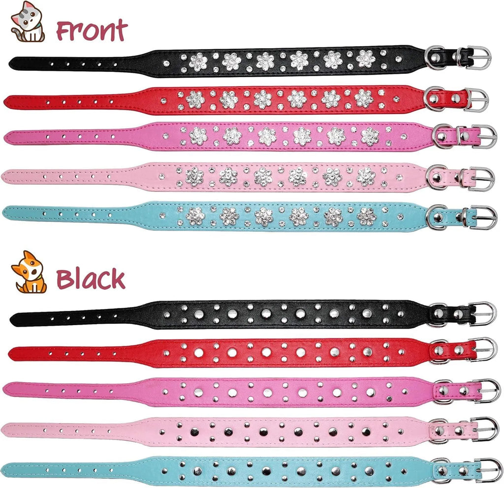 Soft black PU leather dog collar with a sparkling rhinestone flower pattern and metal adjustment buckle.