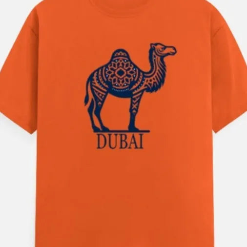 Orange cotton loose fit t-shirt with short sleeves and round neck on hanger