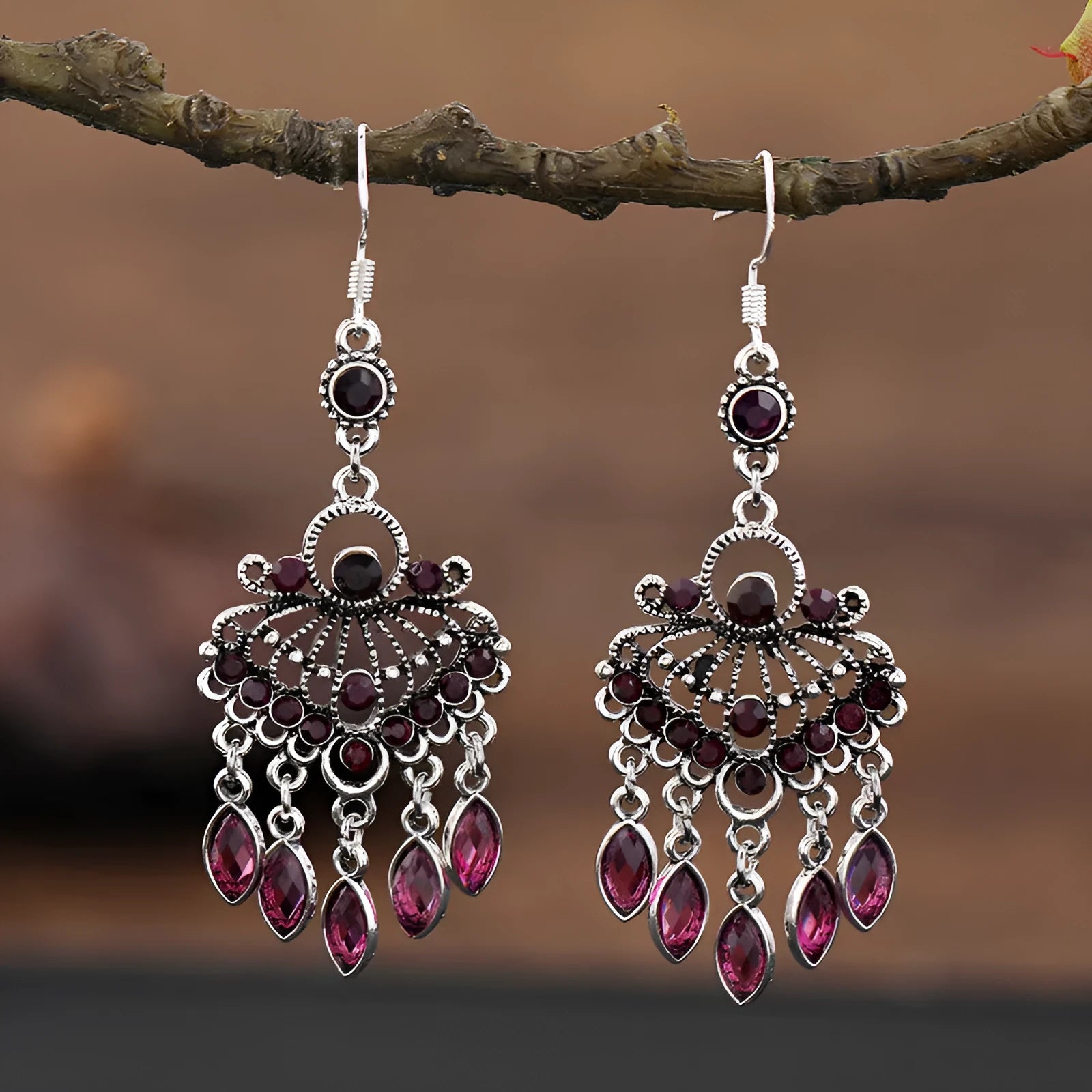 Retro court crystal drop earrings with long purple fringe in ethnic style