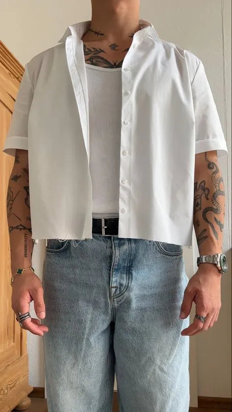 Men's white short sleeve polyester shirt with plain design and cropped length