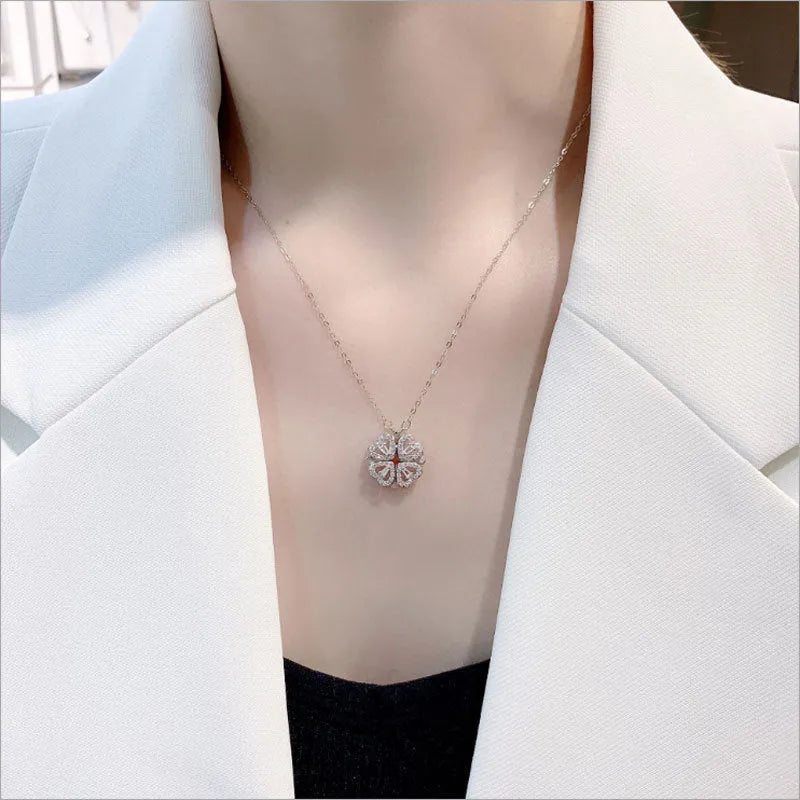 Silver titanium steel multi-wearing four-leaf clover necklace for women with zircon stones