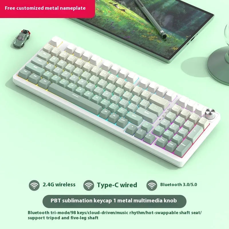 98 key wireless Bluetooth mechanical keyboard kit with metal knob and multiple colour options