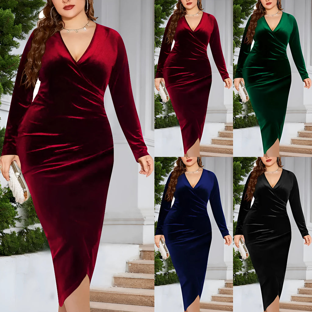 Women's long sleeve V-neck dress in red, green, blue, or black, available in sizes XL to 5XL.