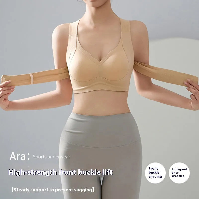 Women's front buckle back shaping sports bra for yoga in black, white, or nude.