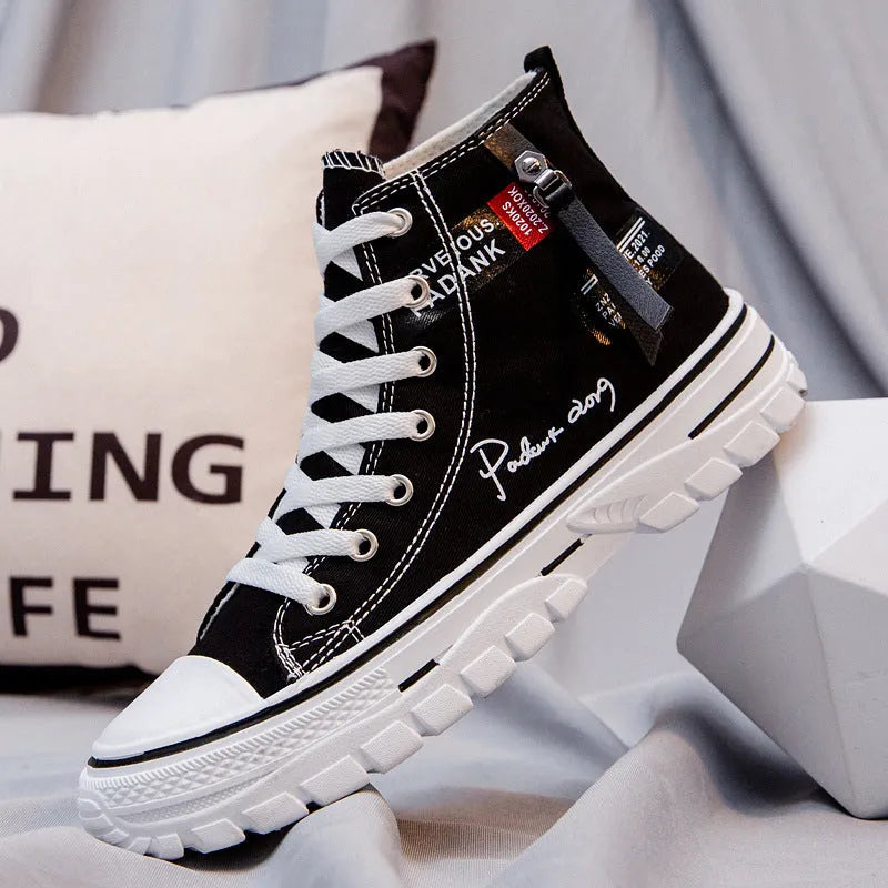 Men's high top canvas lace-up casual shoes in black, round toe, sizes 39-44