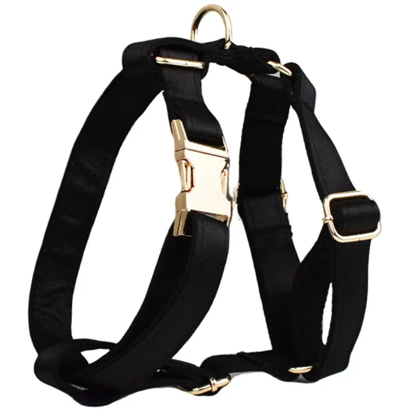 Complete dog accessory set showing collar, leash, bow and vest in cloth material