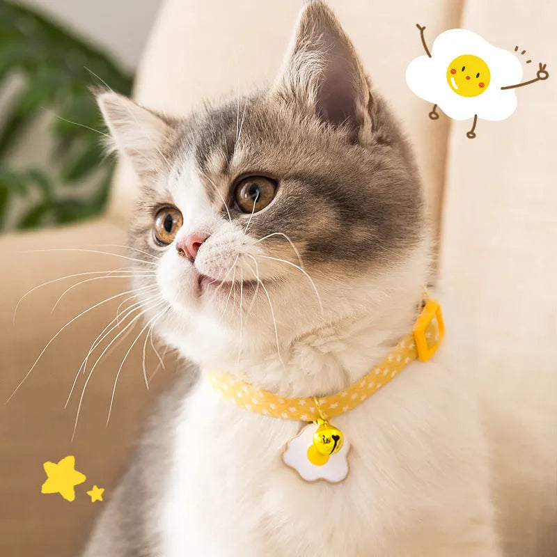 Adjustable cat collar with bell pendant and removable bow tie in green, pink or yellow for small pets