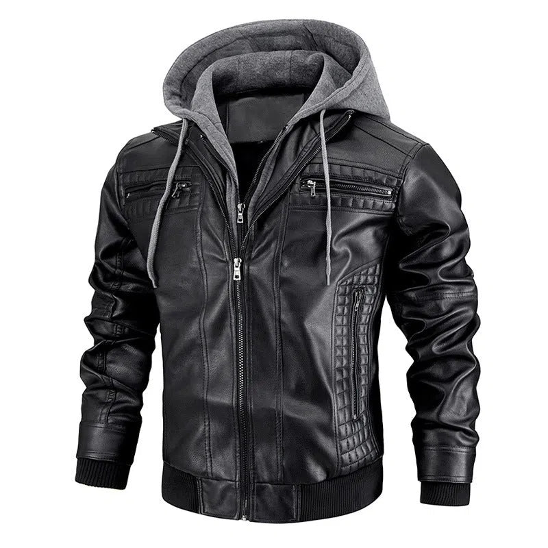 Men's hooded PU leather jacket with zipper pockets, black colour, shown front view