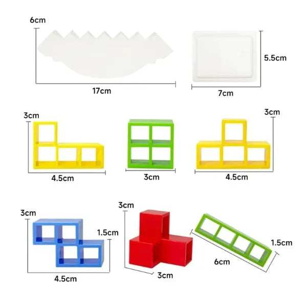 Plastic balance stacking game with 16 coloured building blocks on a chassis