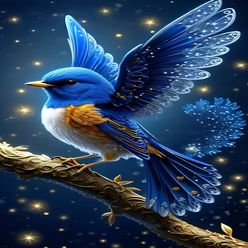 Handmade blue bird rhinestone diamond painting on a 60x100cm canvas with internal frame.
