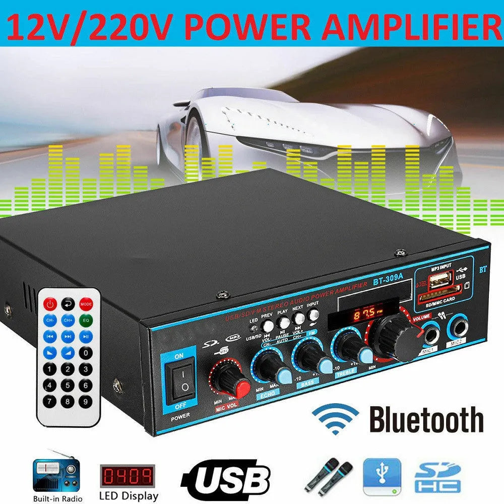 BT-309A-A black dual-power amplifier with Bluetooth and FM for home car audio