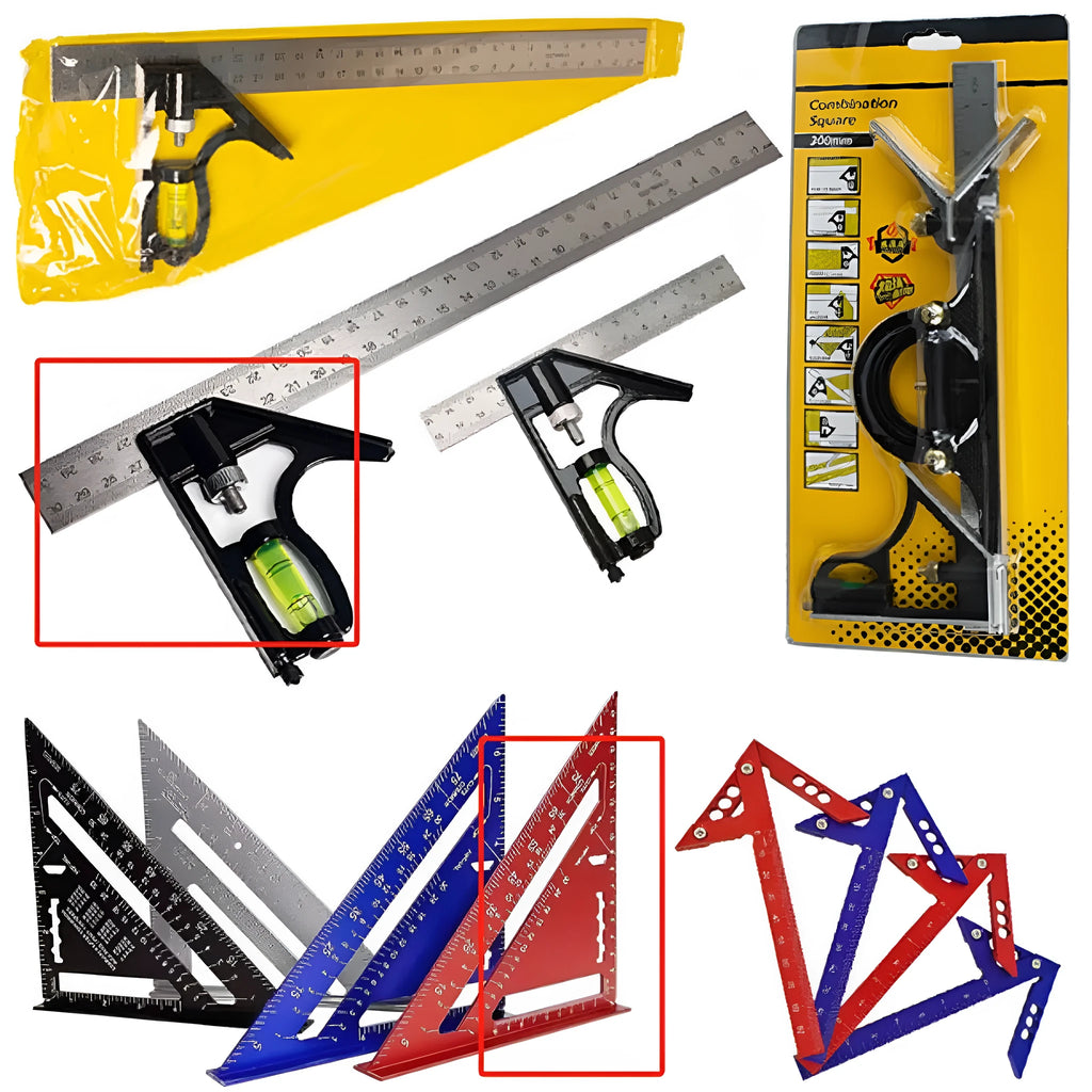 Red thin 7inch metal combination angle ruler with metric graduations on both sides for surveying
