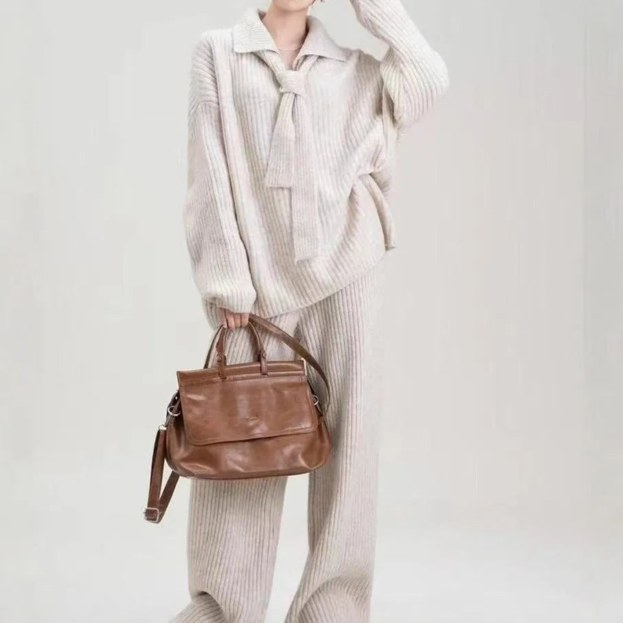 Women's dark grey imitation cashmere knit top and trousers two-piece set for commuting.