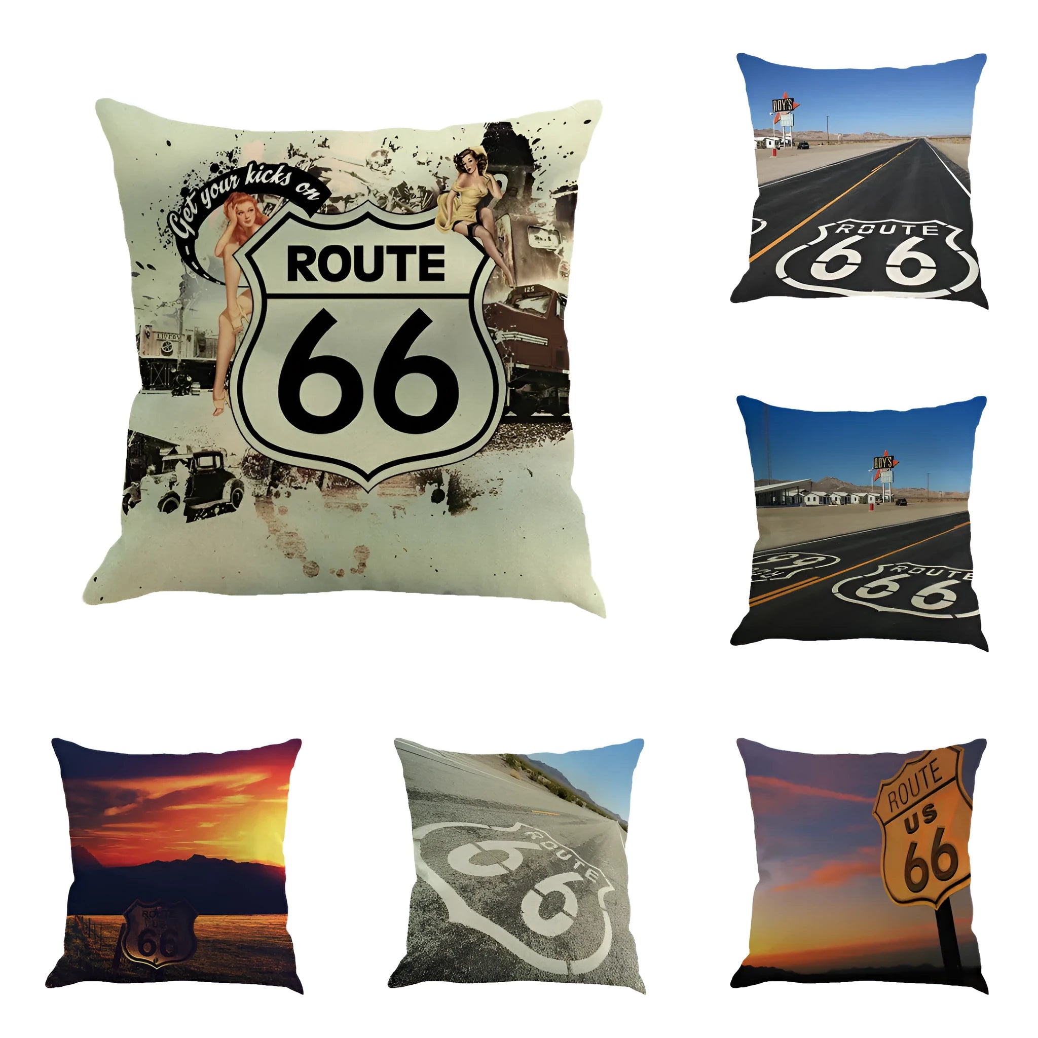 European style linen cushion cover with Route 66 landscape print, 45 by 45 cm.