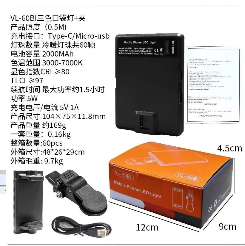 Pocket-sized clip-on LED fill light attached to a mobile phone for photography.