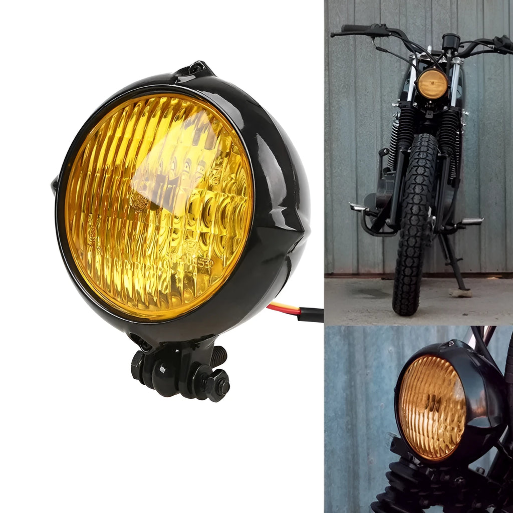 Black retro motorcycle headlight with 8cm aluminium housing and halogen bulb for Harley and custom bikes