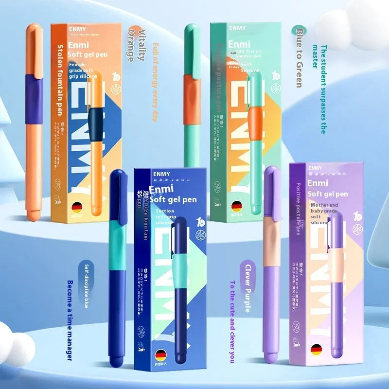 Plastic posture correction pen in a box, showing colour options: blue, green gradient, purple, and orange.