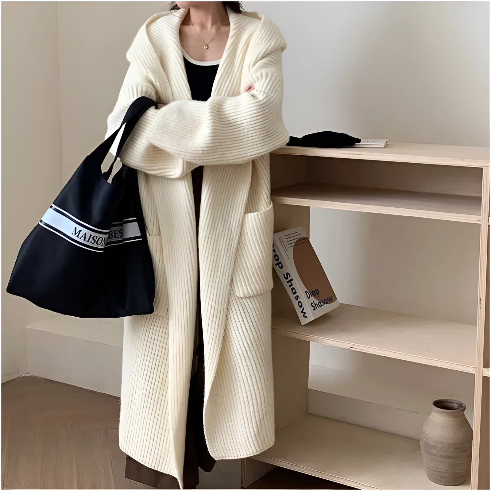 Women's loose hooded cardigan coat in 80cm length with raglan sleeves in five colour options