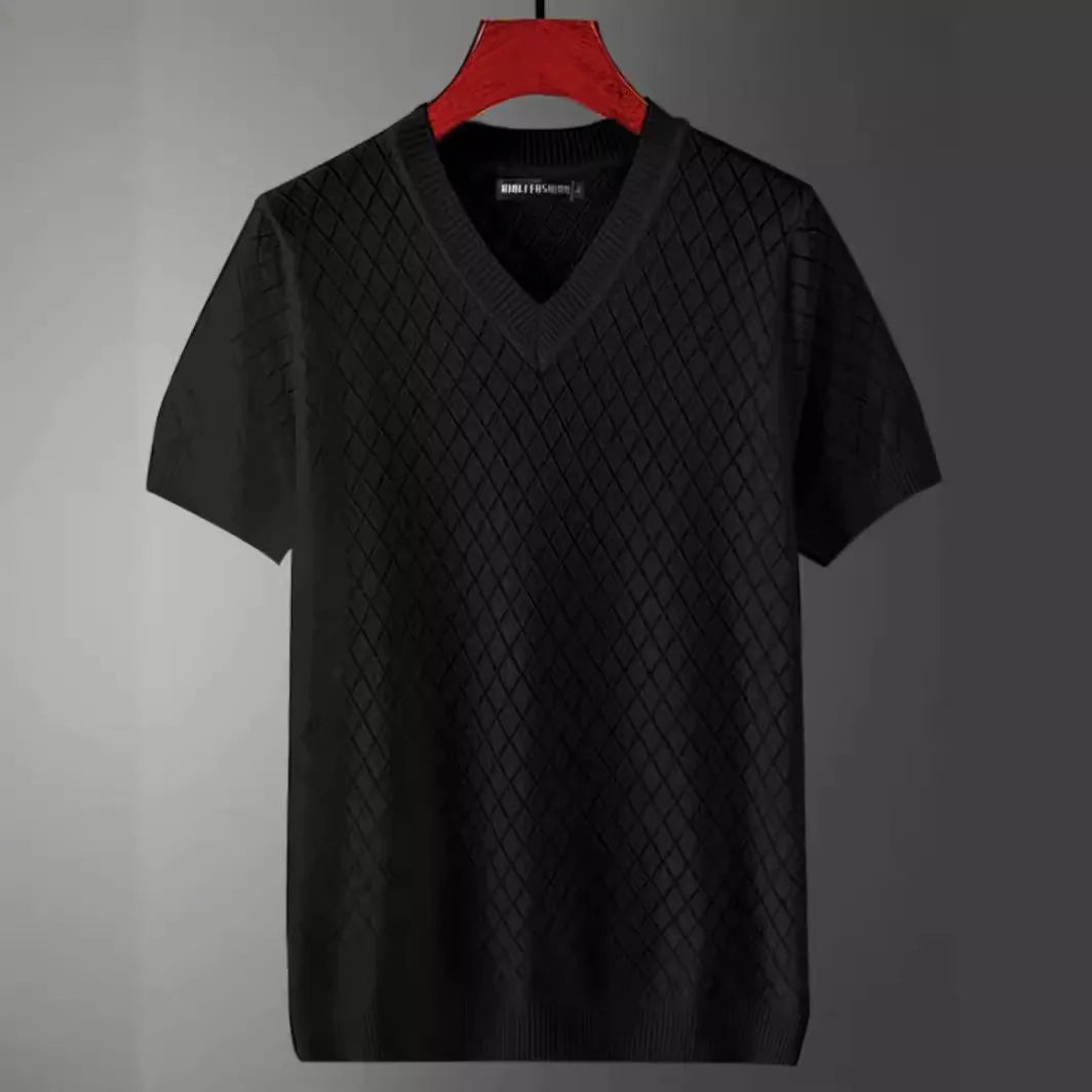 Men's black and white ice silk V-neck and round neck short sleeve t-shirts on hangers.