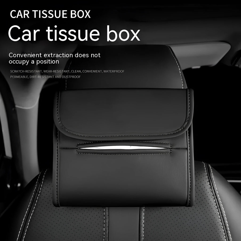 Leather car tissue box with elastic band for vehicle mounting in various colour options