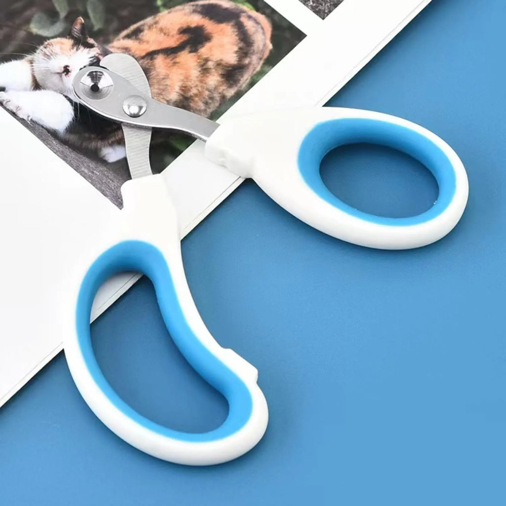 Blue professional cat nail clippers with a circular safety hole and cushioned non-slip handles.