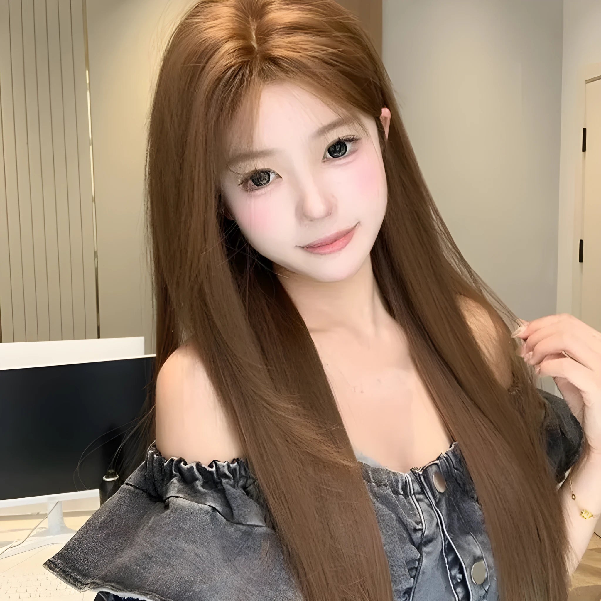 Long straight warm brown lace front wig with centre-parted bangs and forehead lace