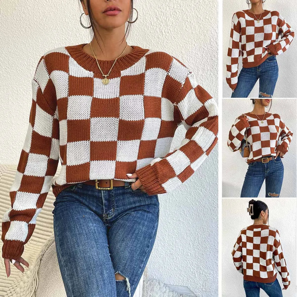 Dark brown loose fit plaid pullover sweater with chessboard pattern and round neck
