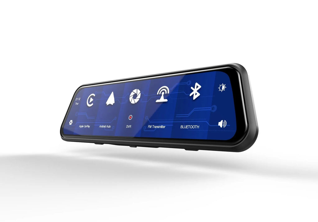 Black dual-lens driving recorder with 9.66 inch touch screen mounted on rearview mirror showing 4K interface