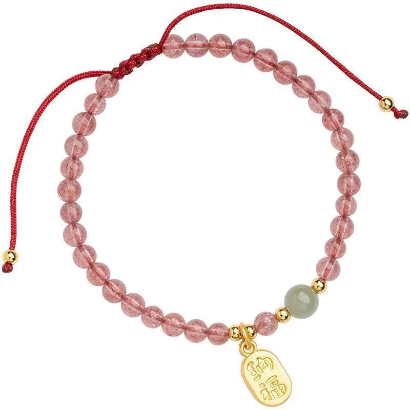 Hand-woven red rope bracelet with strawberry quartz crystals in national tide style