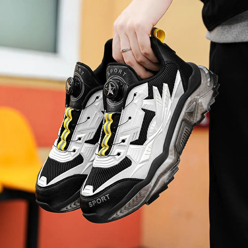 Men's black rotating button casual shoes with mesh upper and platform sole for height increase