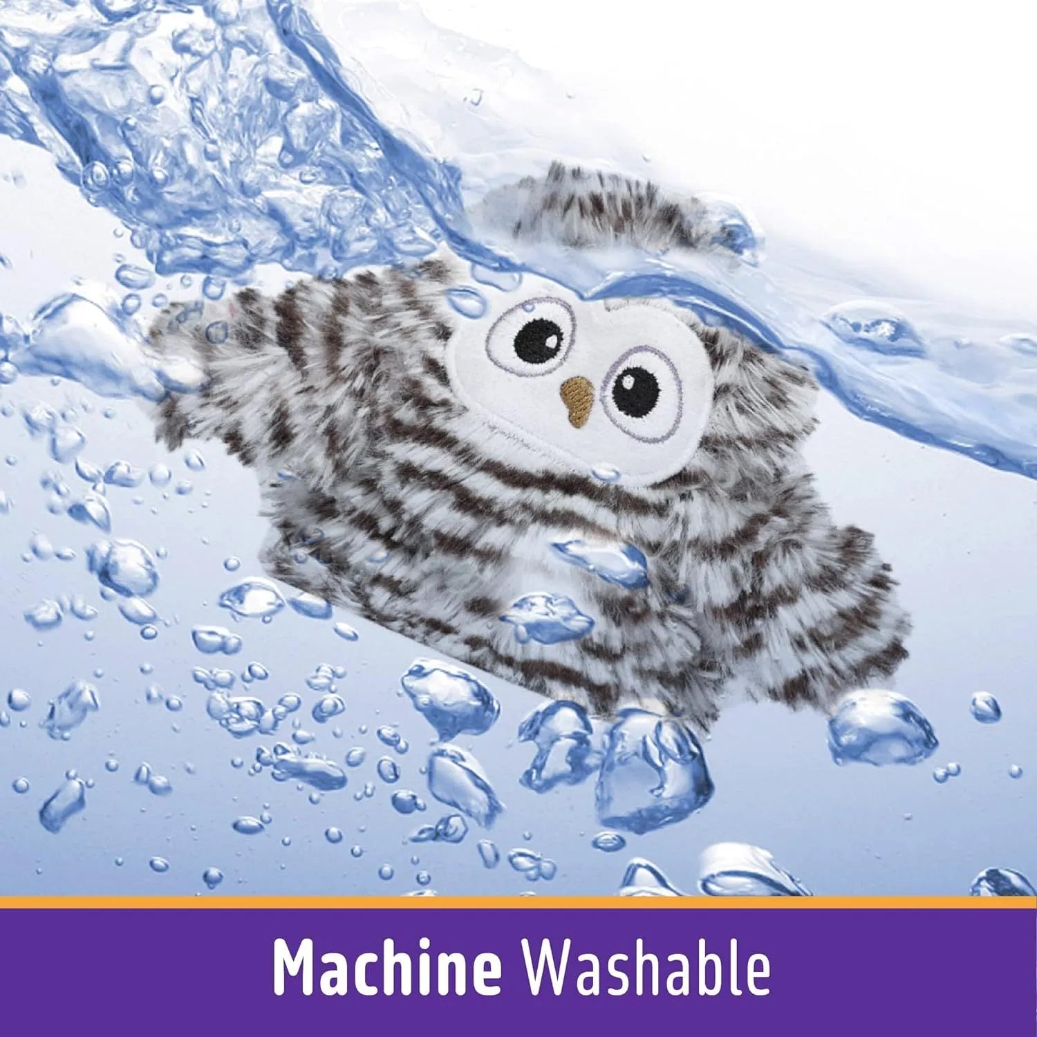 Grey rechargeable electronic owl cat toy with flapping wings on a floor.