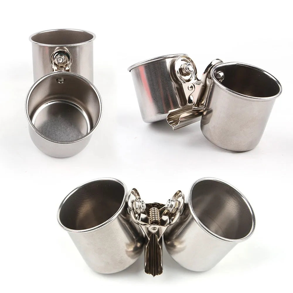 Stainless steel outdoor bird feeder for cage mounting in large, medium, and small sizes.